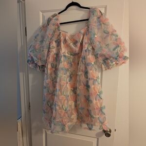 Pink Sequined Multi Floral Baby Doll Dress